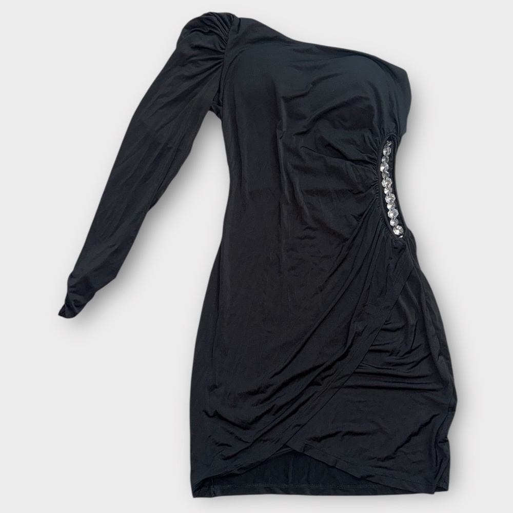 FREDERICKS OF HOLLYWOOD BLACK ASSYMETRIC MINI DRESS WOMEN SIZE M